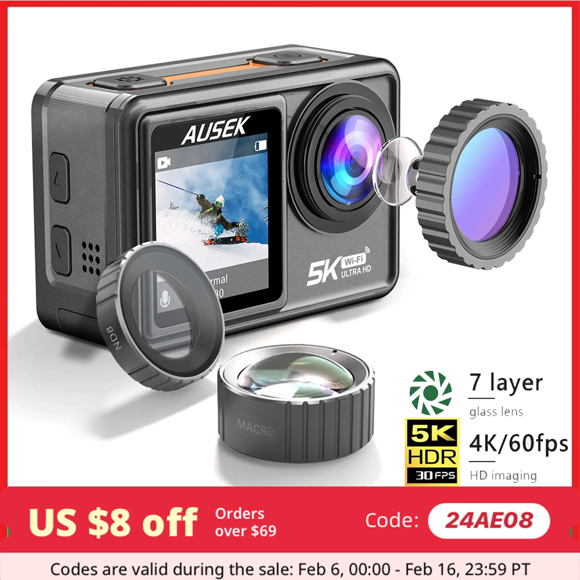 Action Camera Filtro Rimovibile 6 Lenti 5K 30Fps 4K 60Fps 48Mp Doppio Schermo 2 "Ips Eis Riprese Video Go Waterproof Sports Cam Pro