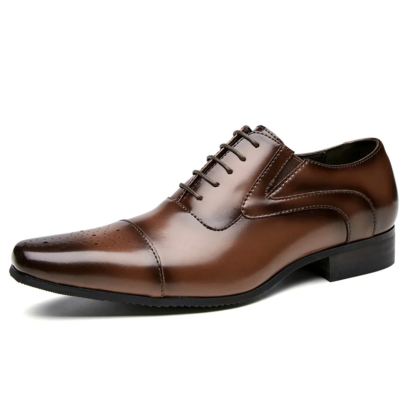 

Cow leather men dress shoes high grade brogues elastic lace up oxfords
