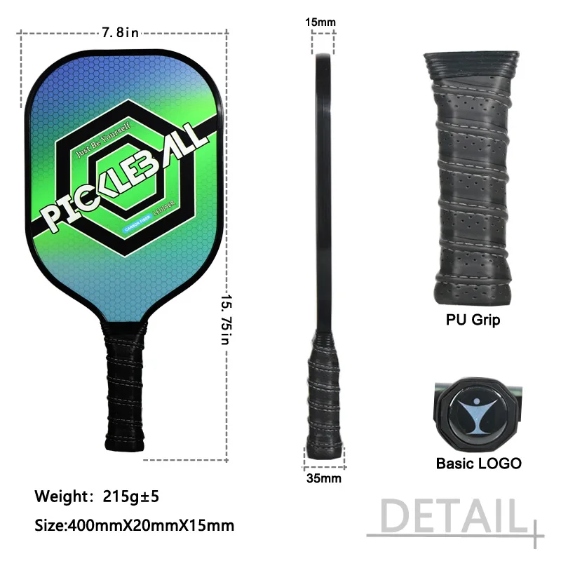 탄소 섬유 피클 볼 라켓, 편안한 그립 피클 패들, 1 라켓, 2 공, 방수 땀 방지 PE, 가정용 통기성
