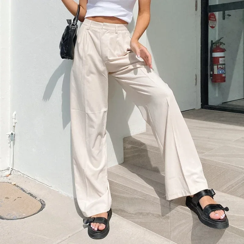 2024 Summer High Waist Wide Beige Casual Long Pants New Temperament Thin Loose Solid Color Suit Wide Leg Pants Fashion Trousers
