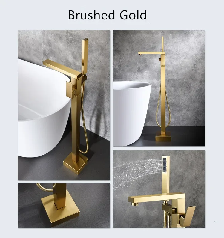 Description Picture 2 of itemBathroom Bathtub Faucet + Handheld Shower Free Standing Brushed Gold Luxury BathTub Mixer Taps Floor Mounted