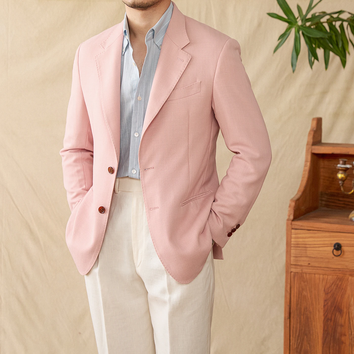 Deer Sanxian Business-style Relaxation Non-ironing Linen Tencel Blended Herringbone Pattern Suit Jacket Men's Casual Suit Trendy
