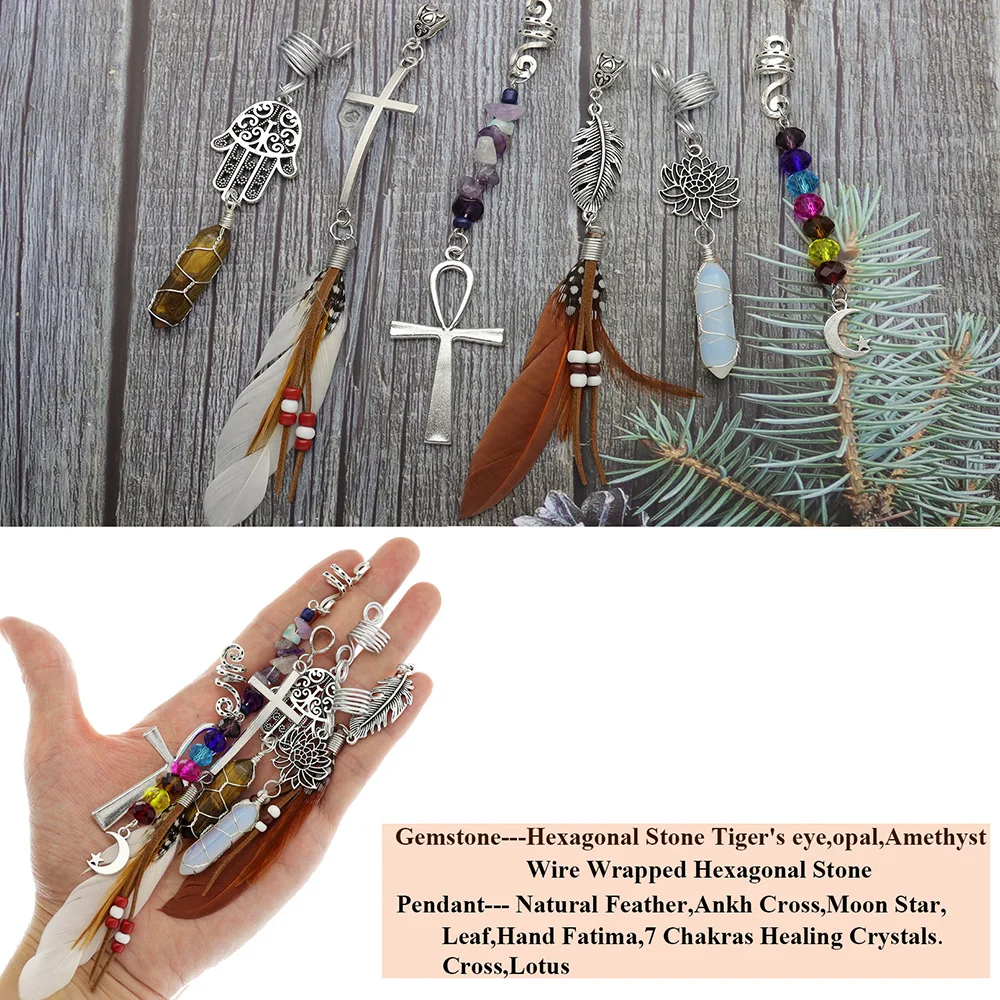 Stone Beads Crystal Feather Cross Pendant Hair Dreadlock Accessories Women Spiral Hairpin Headwear Dangle Dirty Braid Jewelry hair accessory hair headdress