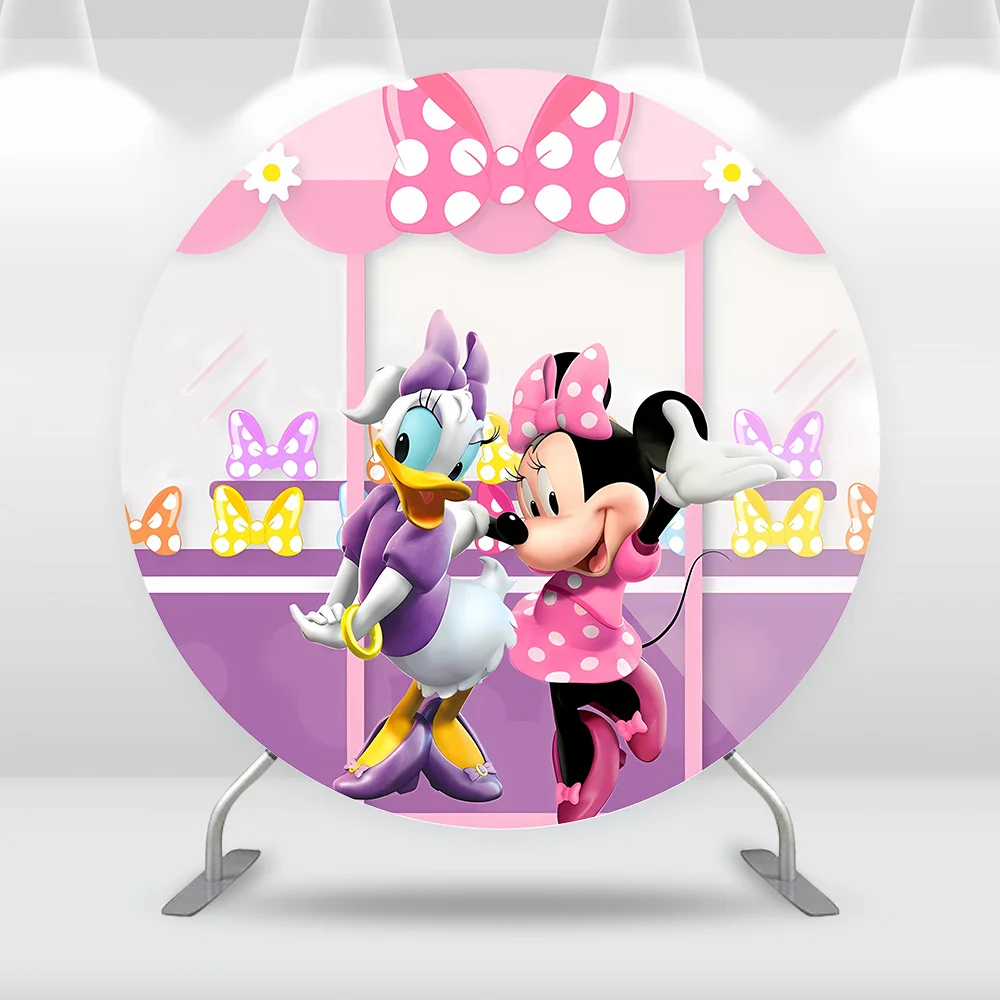 Fondo redondo de Minnie Bowtique, cubierta de Minnie Mouse y Daisy Duck,  fotografía circular, tienda de dulces, cartel de mesa de pastel - AliExpress, image size:1000x1000