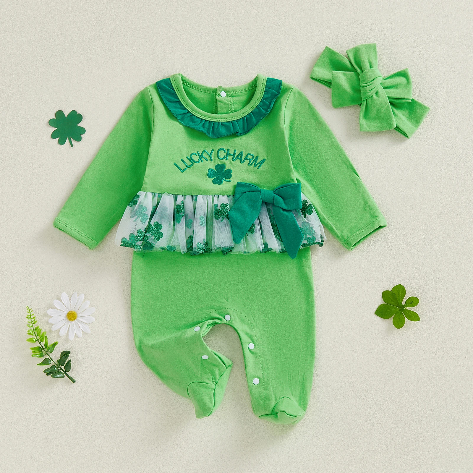 St Patrick s Day Baby Girl Green Shamrock Print Long Sleeve Ruffled Collar Romper Footed Jumpsuit with Clover Embroidery