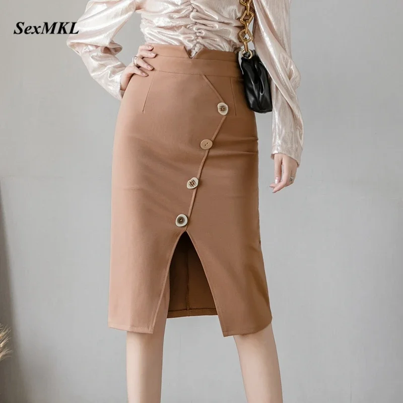 Oversized Button High Waist Skirts 2024 Fashion Knee Length