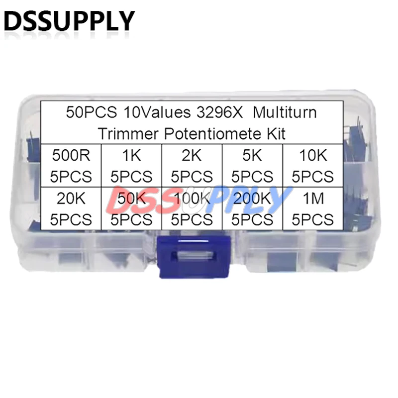 50PCS 3296 3296X Multiturn Trimmer Potentiometer Kit High Precision 500R~1M&Omega; Variable Resistor With Free Box Electronic Diy Kits multiturn potentiometer,potentiometer kit,trimmer potentiometer,adjustable resistor,potentiometer knobs,electronic components