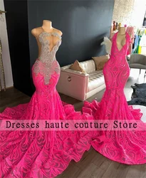 Sparkly Sequin Lace Hot Pink Mermaid Prom Dresses 2024 Black Girl Birthday Party Gowns Luxury Rhinestone Evening Dress