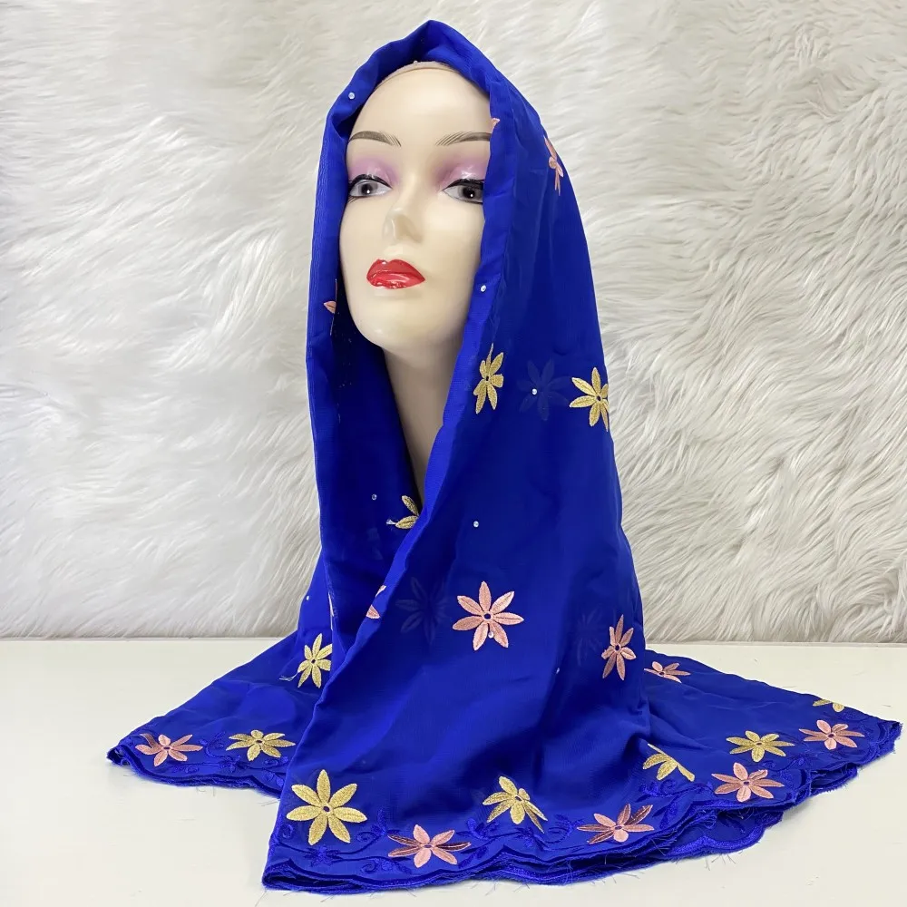 Different pattern Nigerian Gele Headtie With Stones 2023 High Quality African Embroidery Chiffon Head Scarf 2yards/1set