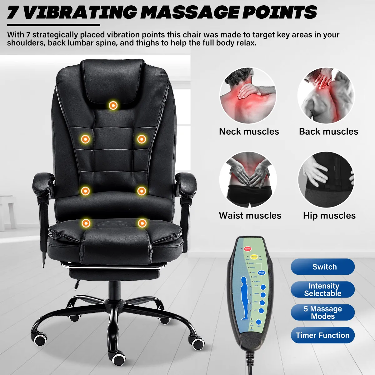 Ergonomic Massage Office Chair with 7Point Vibration Faux Leather High