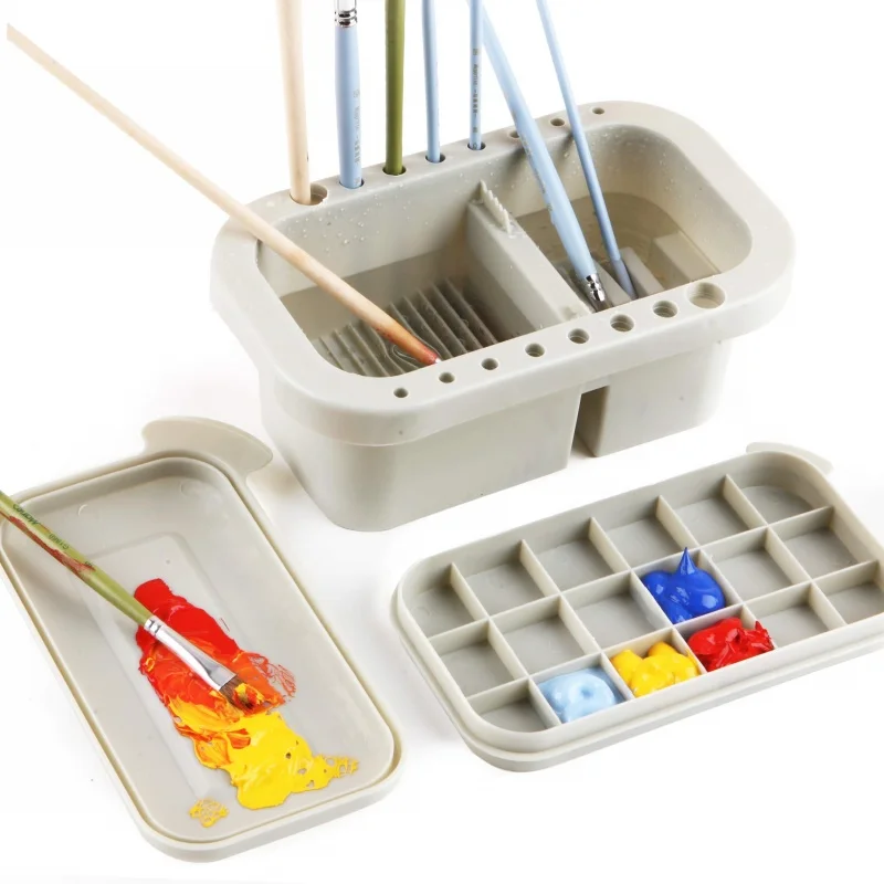 3 IN 1 Multi-Use Paint Brush Basin with Brushes Holder,Washer,Trays,Palette Box Paint Brush Cleaner with Lid Artist Cleaner Cup