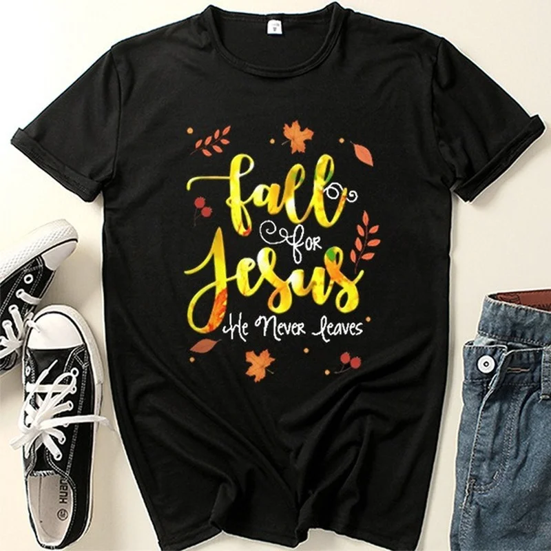 

Fall for Jesus Gold Letter Print Women T Shirt Short Sleeve O Neck Loose Women Tshirt Ladies Tee Shirt Tops Camisetas Mujer