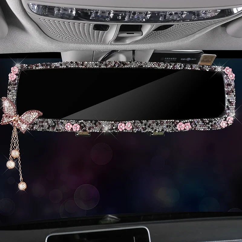 Butterfly Car Rearview Mirror Decor Rhinestone Auto Interior Charm Crystal Diamond Rear View Mirror Cover Car Accessories
