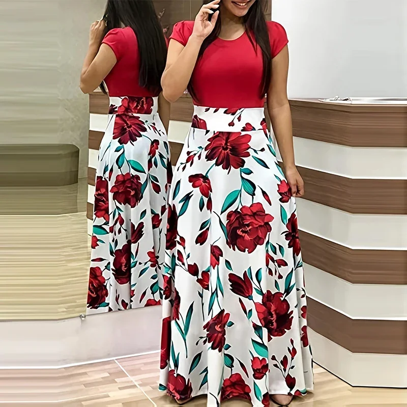 Bedrucktes, gespleißtes Kleid mit Rundhalsausschnitt, elegantes, kurzärmliges, plissiertes Maxikleid mit schmaler Taille, Damenbekleidung