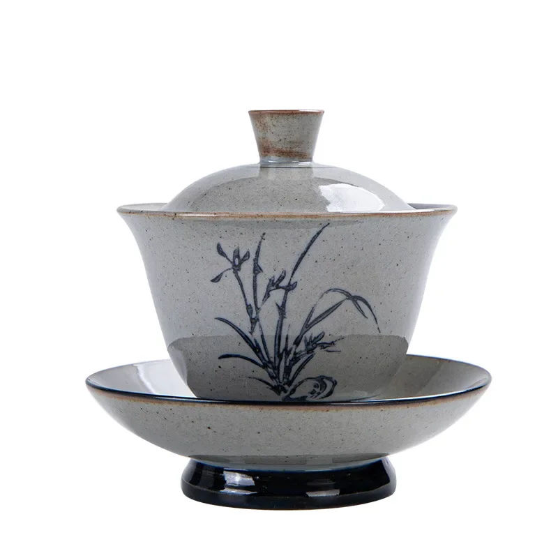 Vintage Firewood Hand Painted Gaiwan Ceramic Blue and White Ceremony Bowl Kung Fu Tea Set Stoneware Brewing Cover Tureen Tea Set