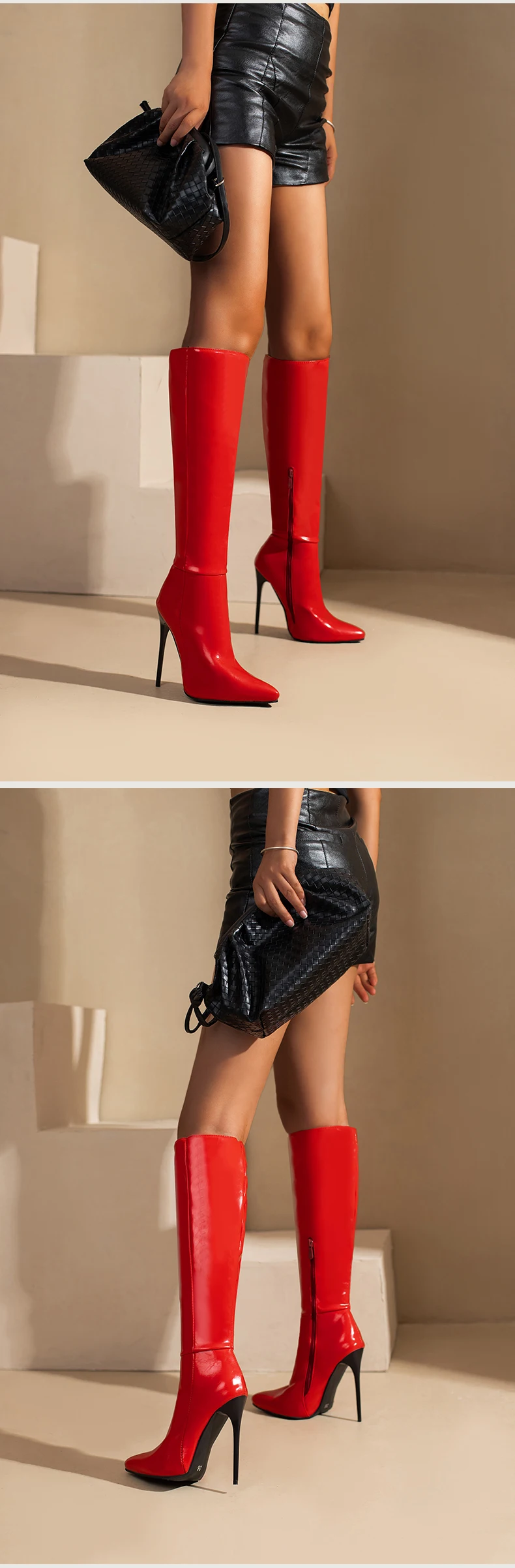 Glossy Patent Leather Pointed Toe Super Stiletto Sexy Women's Knee Boots Plus Size Zipper Plush Lining Slip-On 2022 Winter Shoes