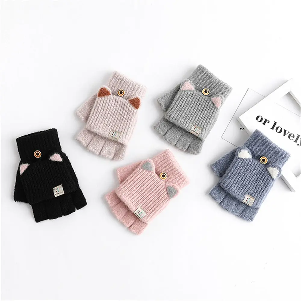 1Pair Cute Winter Gloves For Children Kids Winter Keep Warm Sweet Knitted Convertible Flip Top Fingerless Mittens Outdoor Gloves fashion breathable cute rocket keep warm outdoor half finger gloves children s gloves thick mittens flip cover gloves