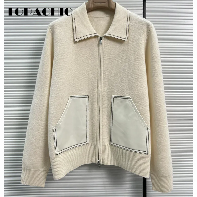 

9.21 TOPACHIC Contrast Color Sheepskin Pocket Spliced Chain Turn-down Collar Cashmere Knit Cardigan Coat Women's