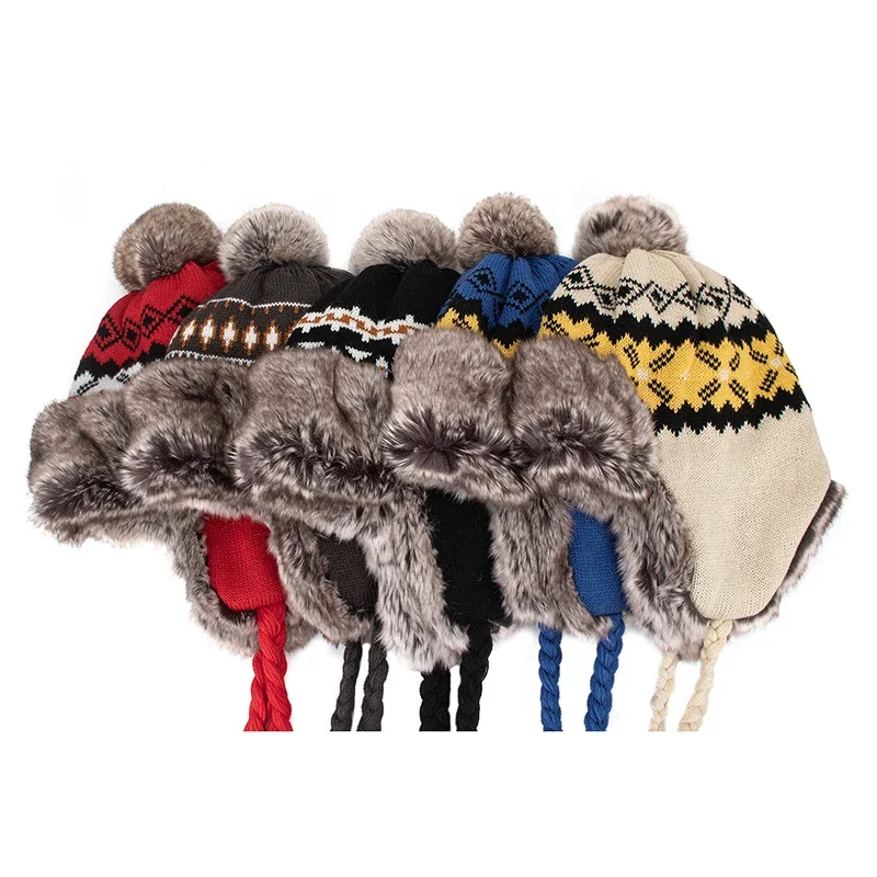 New Winter Hat Bomber Cap Hat Women Men Warm Snow With Fur Pompom Windproof Knitting Earflap Trapper Girl Outdoor Cap Gift