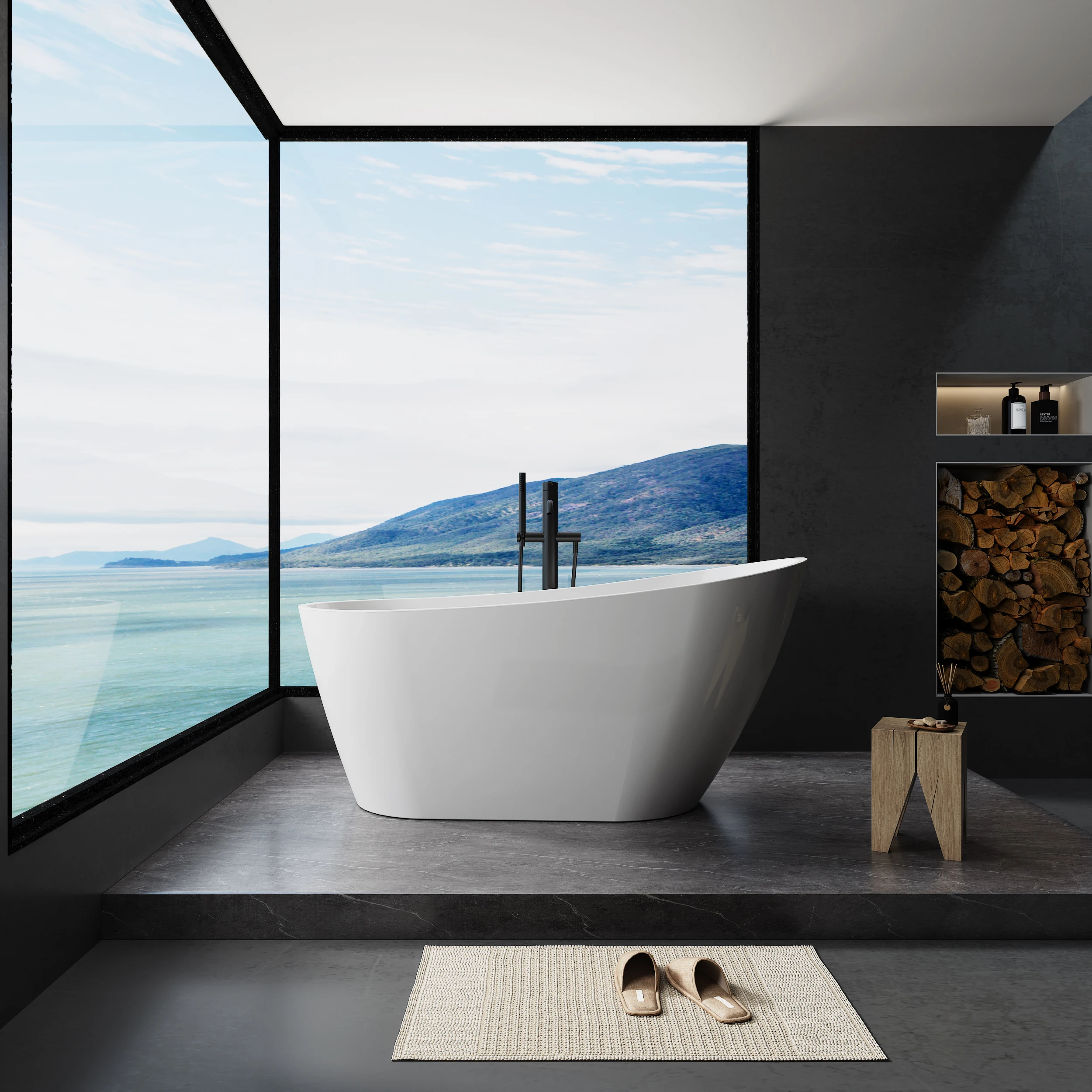 Glossy Acrylic Freestanding Soaking Bathtub with Chrome Overflow and Drain 6