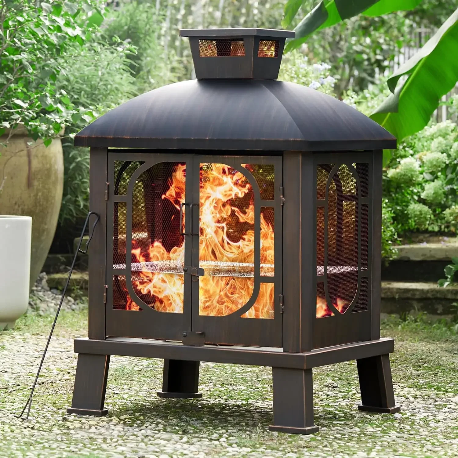 

45" Fire Pit Pagoda, Wood Burning Chimney Firepit with Grill Grate Outside for Garden Backyard BBQ Bonfire