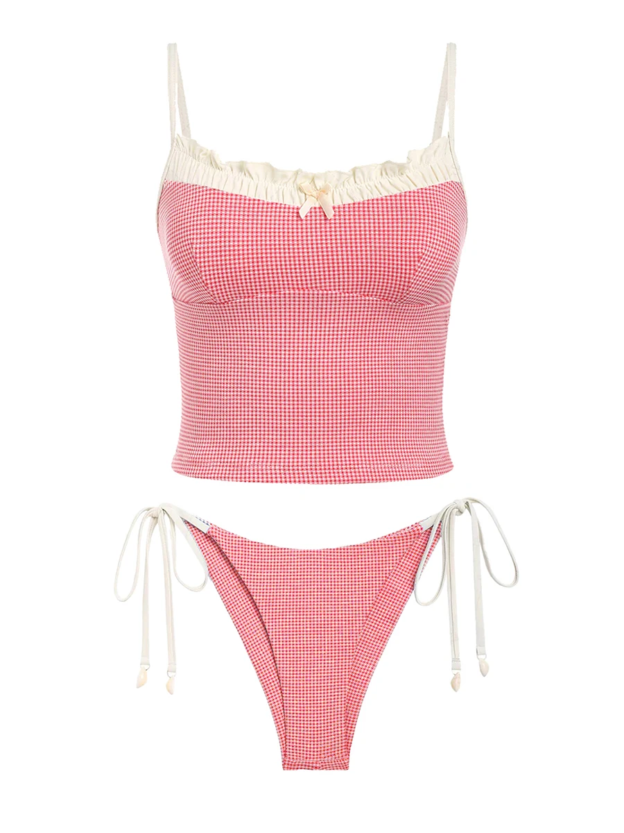 Plaid Print Two Piece Bikini Set with Ruffle Detail Sweetheart Neckline Cami Top and Tie-up Shorts Swimwear for Beach Pool Party