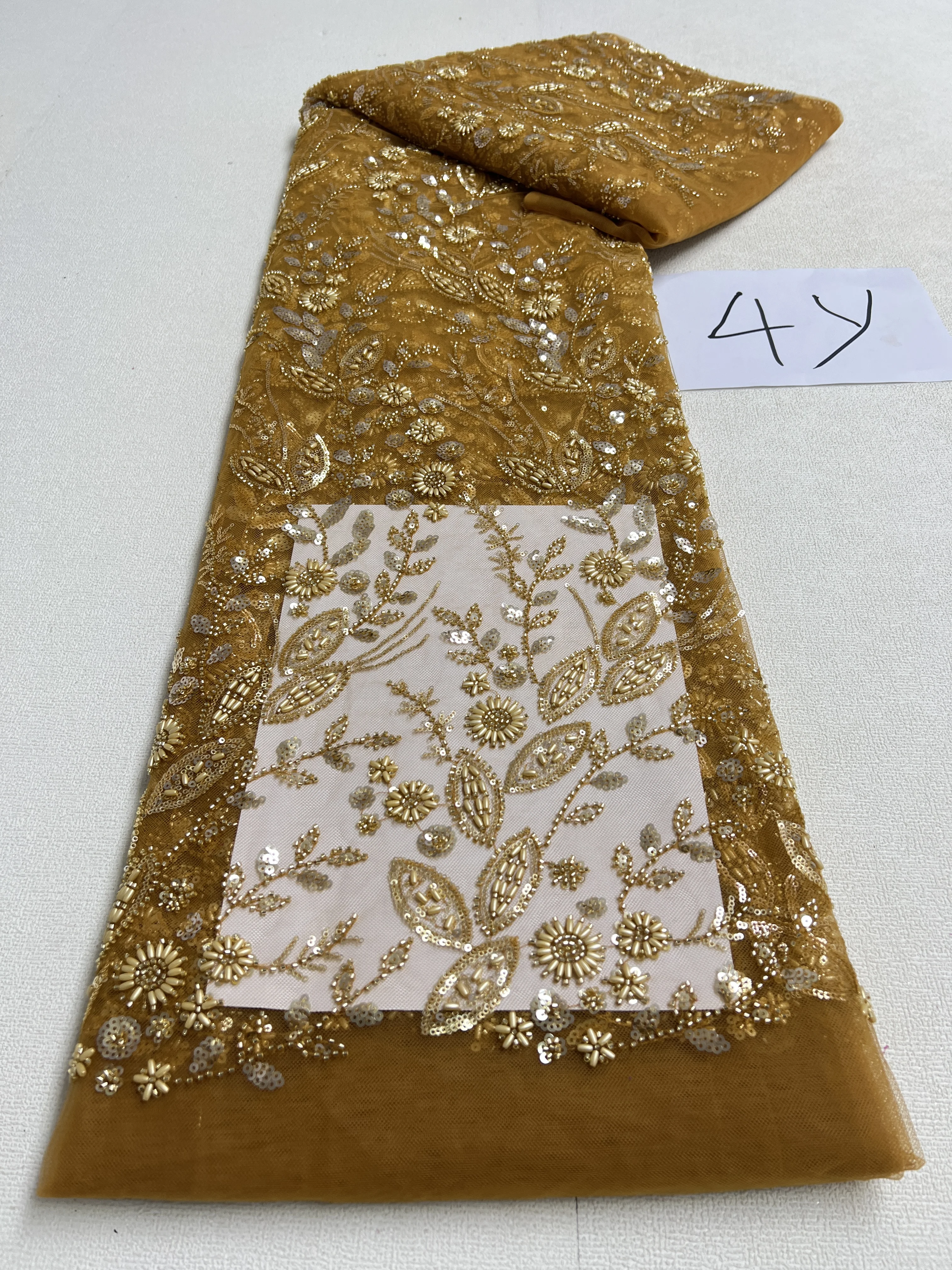 Low price clearance 4 Yards African beaded sequins lace fabric French jacquard mesh sequins velvet lace fabric wedding