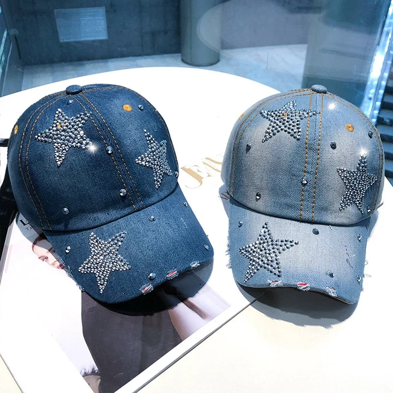 

Shiny Rhinestone Star Denim Baseball Cap For Women Men Snapback Outdoor Sun Visor Hat Casual Hip Hop Adjustable Ponytail Caps