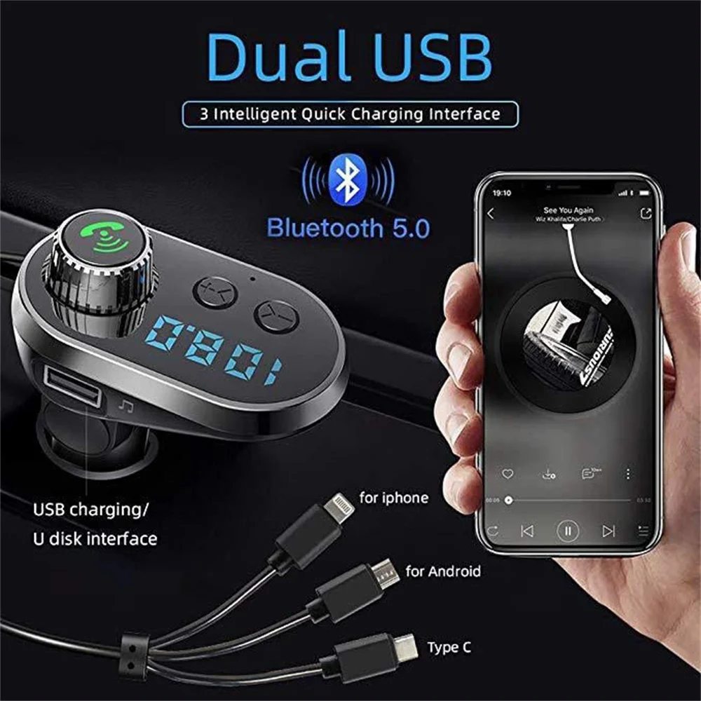 Car Handsfree Wireless Bluetooth 5.0 Kit FM Transmitter Car LCD Display MP3 Player USB Charger FM Modulator Accessories