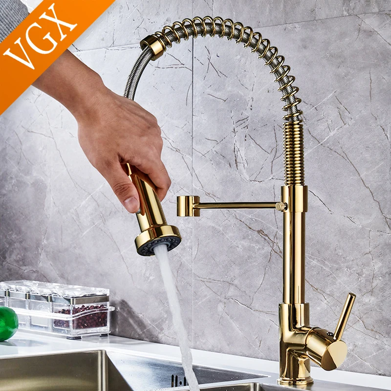 VGX Pull Out Kitchen Sink Faucet Stream Sprayer Kitchen Gourmet Faucet Rotatable Basin Mixer Tap Hot Cold Crane Brass Black Gold