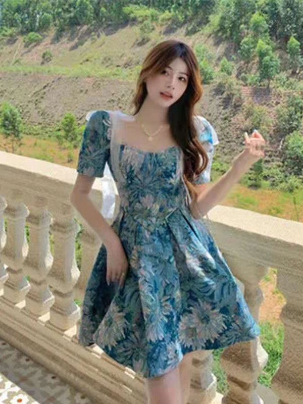 ★韓国人気★I AM MARI★PINTUCK SHIRRING WRAP DRESS Woherb 2024 New Square Collar Vestidos Vintage Women Bandage