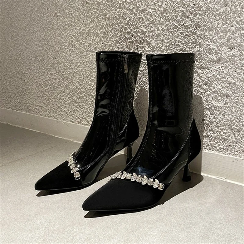 

Autumn Winter Botas Crystal Chain Elastic High Heel Ankle Boots Pointed Toe Short Booties Fashion Women Shoes