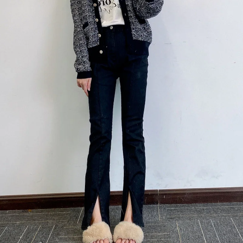 

2022 осень новый дизайн модные женские брюки темпераментные офисные женские брюки на пуговицах легкие облегающие микро расклешенные джинсы с прорезями