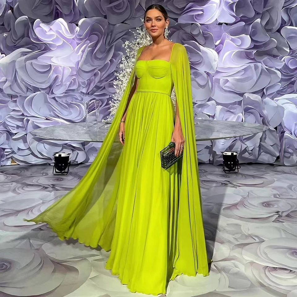 Saudi Arabic Lemon Yellow Dubai Evening Dresses with Cape LA71988
