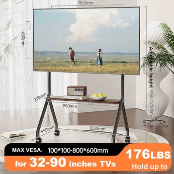 BEISHI Mobile Rolling TV Stand with Wood Shelf, Easy-to-Assemble Roller TV Cart for 32-90 inches TVs for Living Room Outdoor