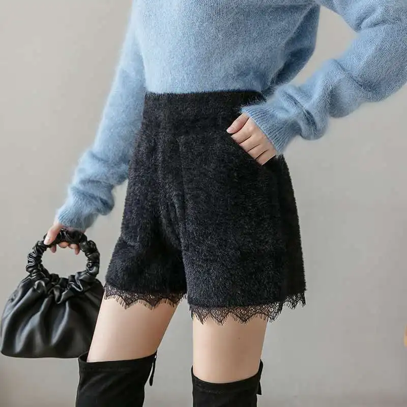 Autumn Winter New Black Elastic Waist All-match Render Pants Solid Lace Patchwork Shorts Y2K Fashion Casual Women Clothing S-L