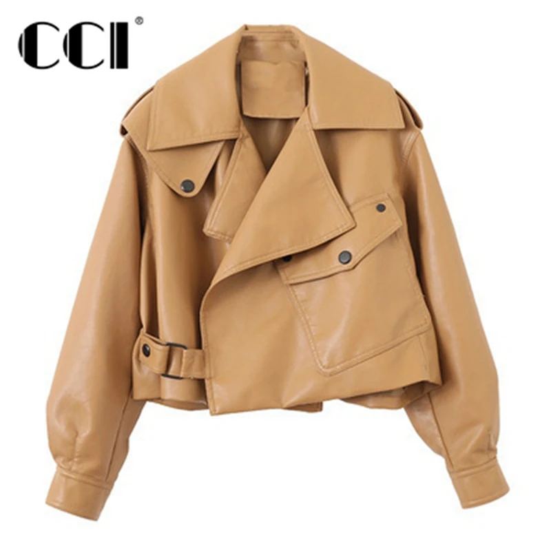 CCI Faux Leather Streetwear Jacket para Mulheres, Biker Coats, Turndown
