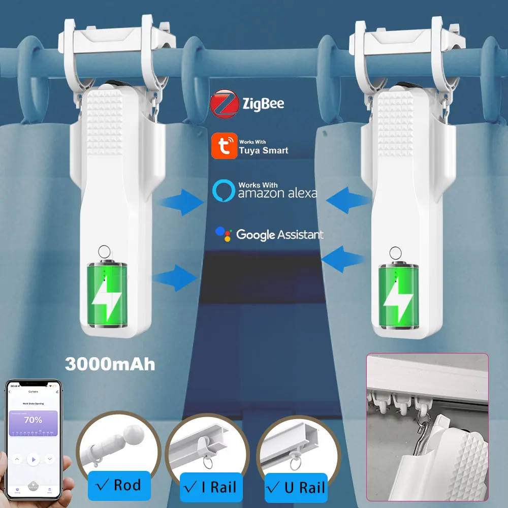 5Th Tuya Zigbee Curtain Robot Battery Universal Smart Tende Motor Window Opener Driver Rod I U Rail Facile Installazione Lavoro Alexa