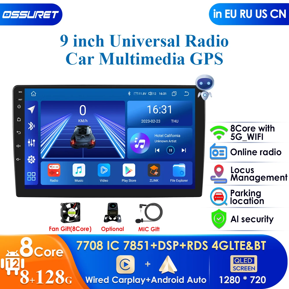 

8+128G 9" Inch Android 12 Double 2 DIN Car Radio Stereo Multimedia Player GPS Navi Wifi EU-Maps USB DVR Camera-AHD Carplay Audio