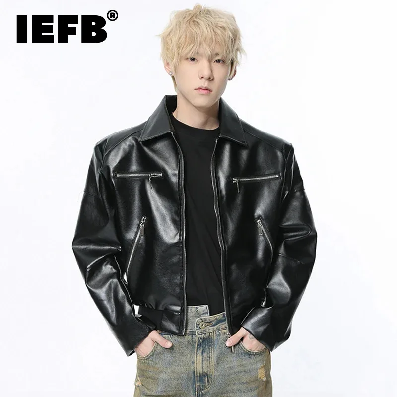 

IEFB Men PU Leather Jackets High Street Turn-down Collar Metal Zipper Pockets Solid Color Male Short Coat Spring New Chic 9C4937