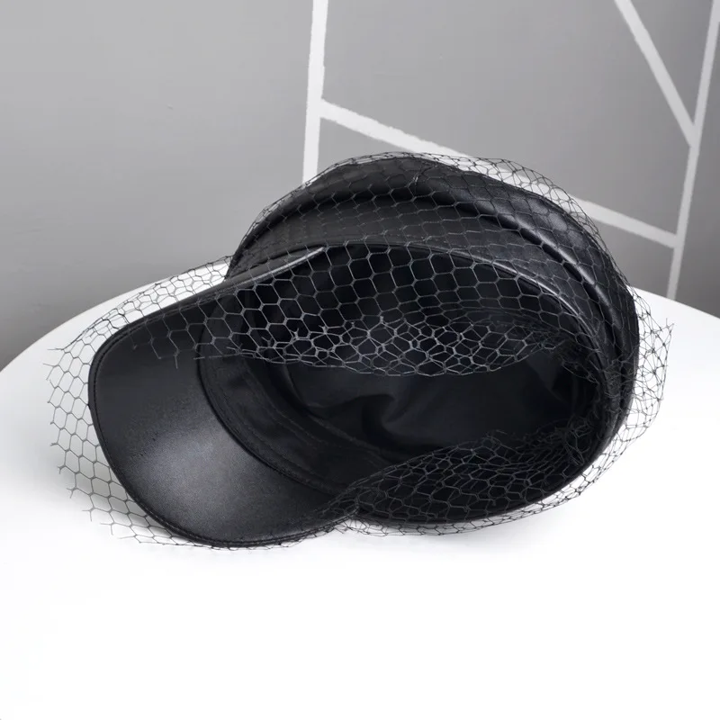 Spring and Summer Black PU Lace Veil Newsboy Caps Fmale Flat Top Black Mesh Letter Multiple Styles Fashion Hats cotton newsboy cap