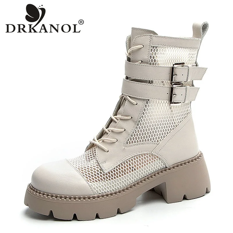 

DRKANOL 2023 Women Platform Mid-Calf Boots Summer Air Mesh Breathable Chunky Platform Genuine Leather Zipper Trend Casual Boots