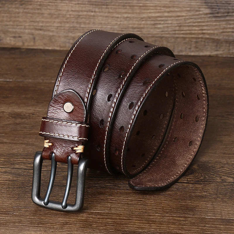 3.8cm Wide Vintage Men's Belt Cowhide Genuine Leather Belt Copper