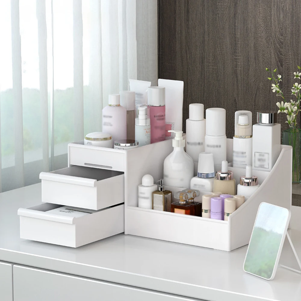 1pc White New Drawer Makeup Storage Box Dormitory Finishing Plastic Shelf Cosmetics Skin Care Dressing Table Desktop 3