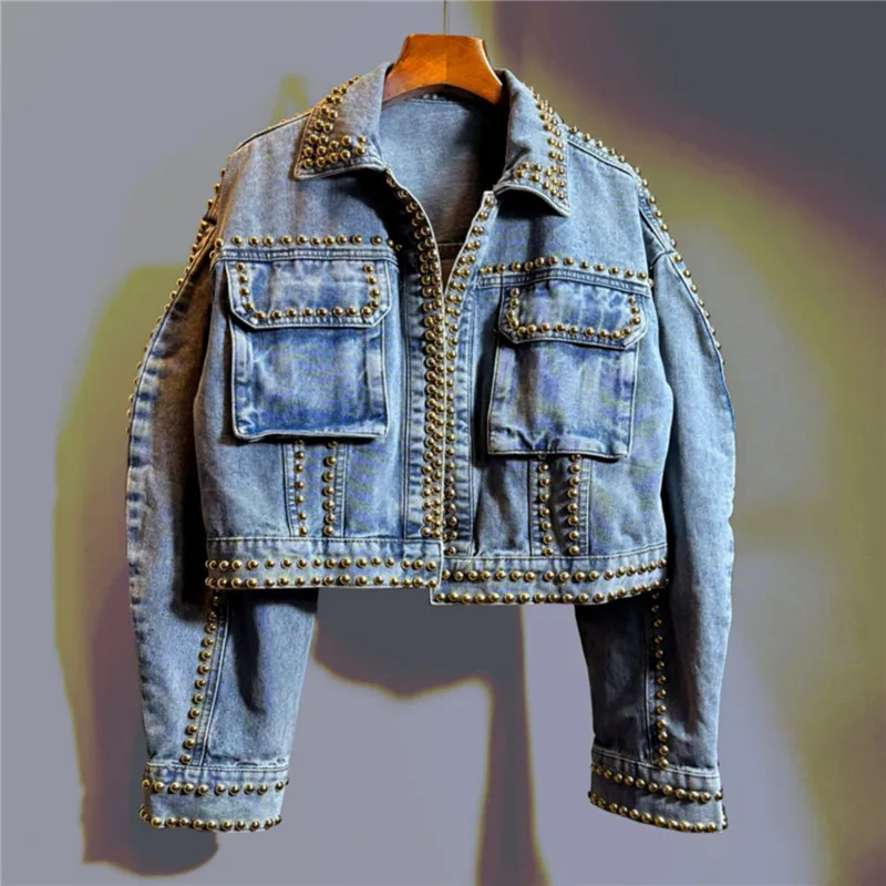 

Spring Women New Heavy Work Rivet Blue Short Denim Cardigan Jacket Loose Big Pocket Lapel Long Sleeve Female Jeans Jacket Coat