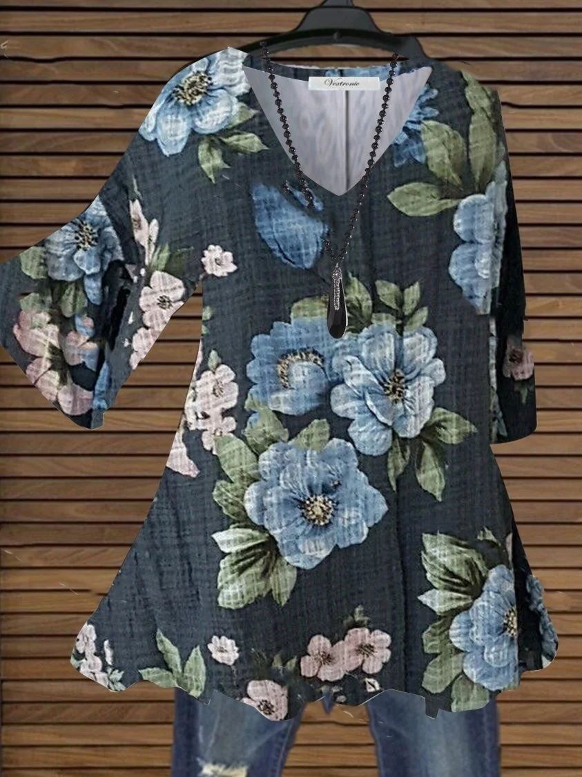 Women's Tops Causal Loose Floral Printed T Shirts Summer V-neck Tops