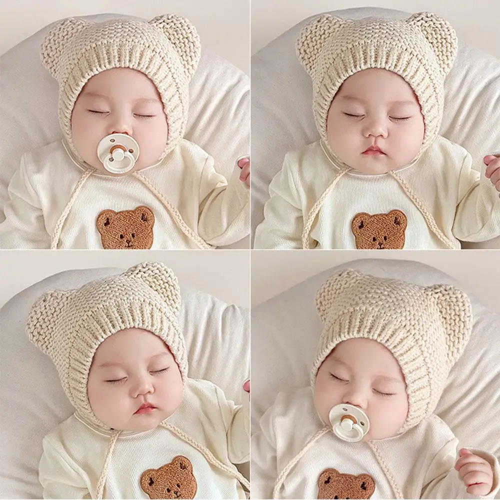 Newborn Cartoon Bear Beanie Korean Baby Solid Color Wool Knit Hat Winter Warm Cap For Boys And Girls Toddler Photography Props