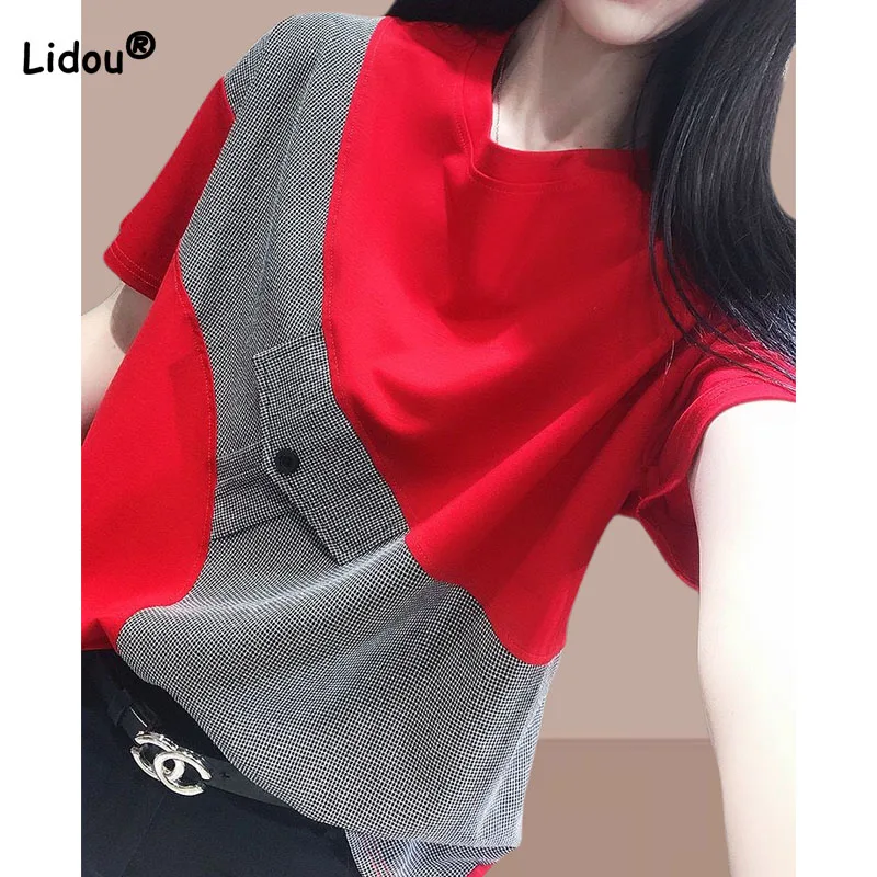 Korean Fashion Female Patchwork Short Sleeve T-shirt 2023 Summer Women ...
