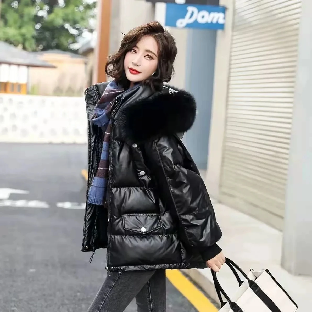 

Short Down Cotton-Padded Jacket Women's Overcoat 2023 New Autumn Winter Leisure Glossy Loose Hooded Thicken Warm Parker Coat