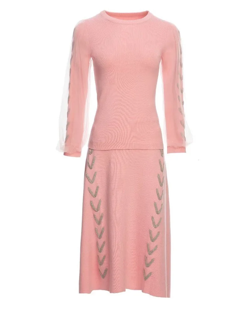 

High Quality Sweater Sets 2022 Autumn Winter Knitted Set Women Tulle Mesh Patchwork Black Pink Pullovers+Knit Skirt Suit Casual